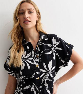 Black Floral Belted Mini Shirt Dress New Look