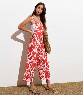 Red Linen-Blend Abstract Print Strappy Jumpsuit