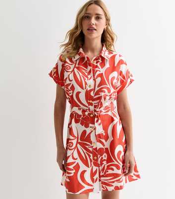Red Utility Belt Abstract Floral-Print Mini Shirt Dress 