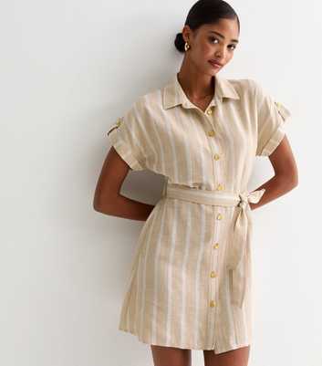 Light Brown Striped Linen-Blend Shirt Dress