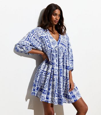 Blue Sun Print Cotton Mini Smock Dress | New Look