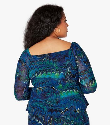 Apricot Curves Blue Marble Print Mesh Long Sleeve Top New Look