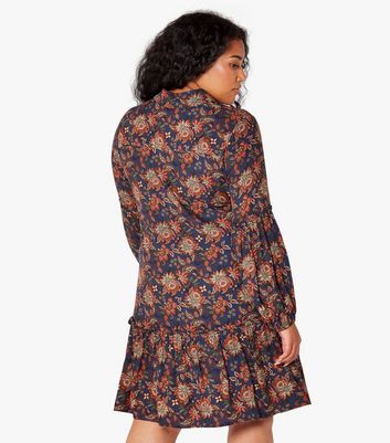 Apricot Curves Navy Floral Long Sleeve Tiered Mini Dress New Look