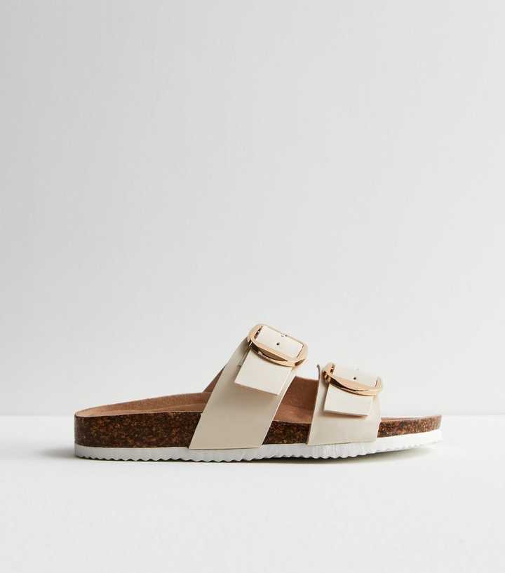 Cream Leather-Look Buckle Strap Footbed Sliders