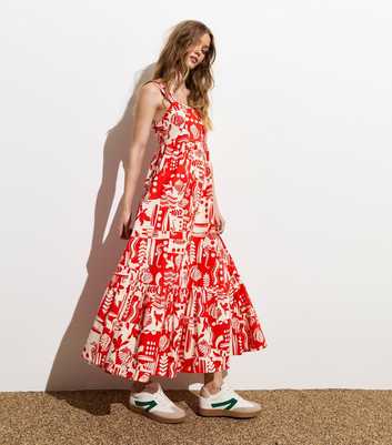 Red Beach Print Cotton-Linen Blend Strappy Midi Dress