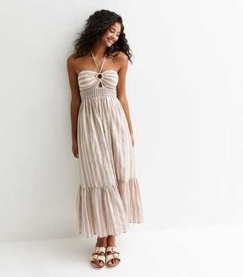 Brown Stripe Print Shirred Halter Neck Midi Dress 