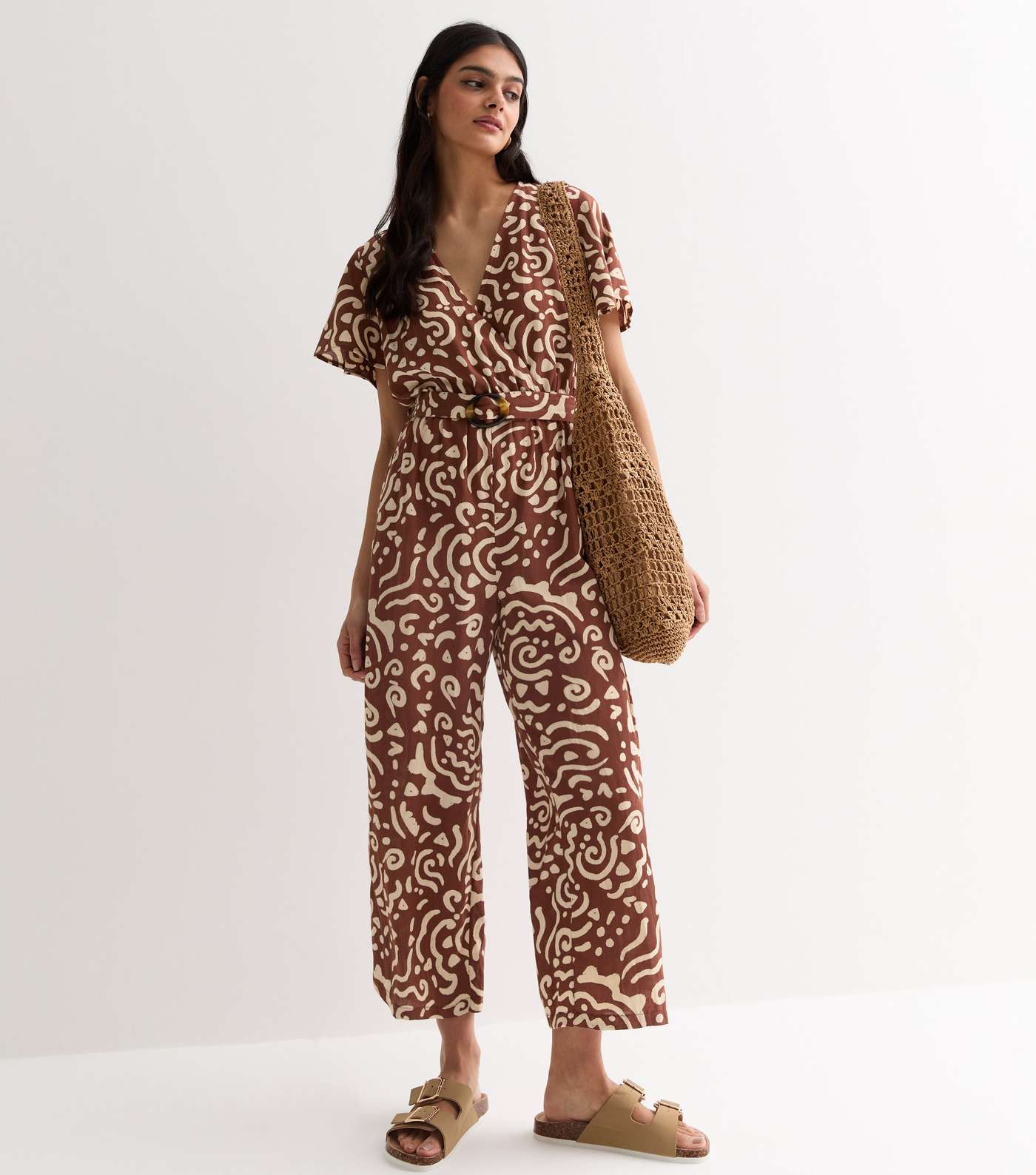 Brown Abstract Print Wrap Belted Wide Leg Jumpsuit Image 3
