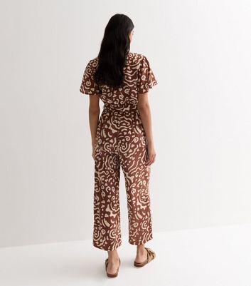 Brown Abstract Print Wrap Belted Wide Leg Jumpsuit New Look