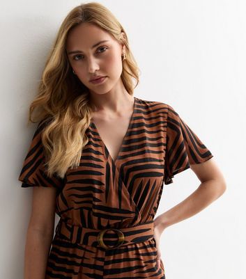 Brown Line Print Belted Wrap Jumpsuit New Look