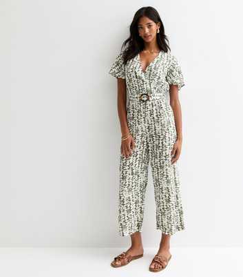 Green Abstract Print Wrap Belted Jumpsuit
