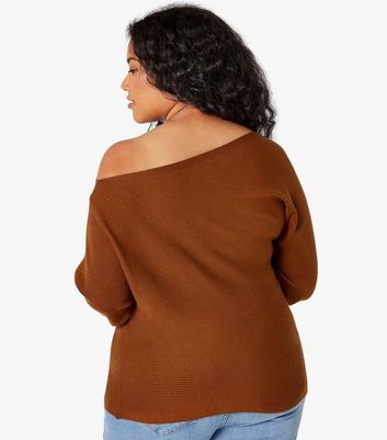 Apricot Curves Rust Ribbed Knit Slash Neck Top New Look