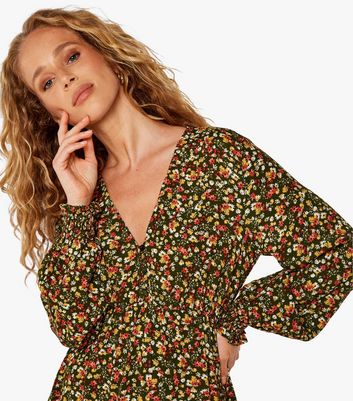 Apricot Green Ditsy Floral Button Front Mini Dress New Look