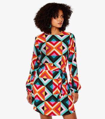 Apricot Multicoloured Geometric Print Belted Mini Dress New Look