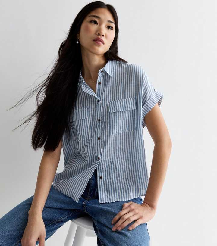 Blue Stripe Print Short Sleeve Shirt