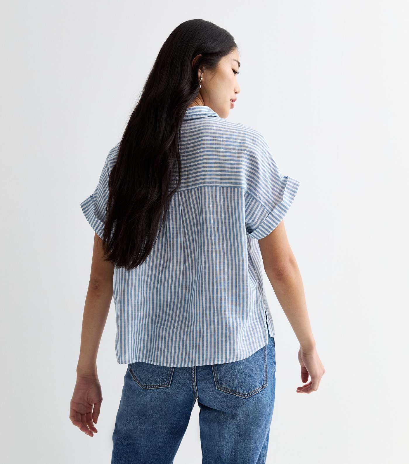Blue Stripe Print Short Sleeve Shirt Image 4