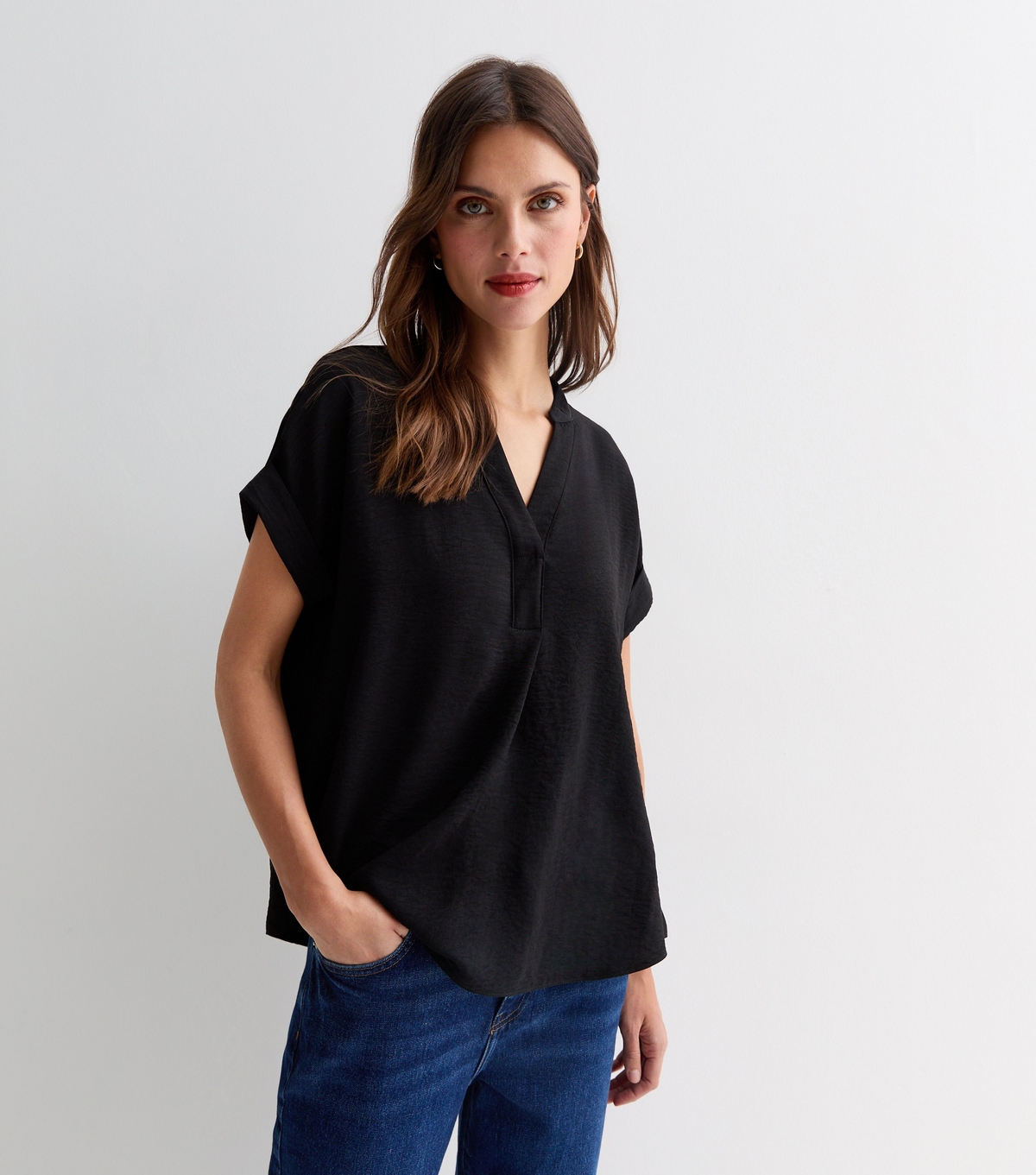 Women's Black V Neck Roll Sleeve Top New Look