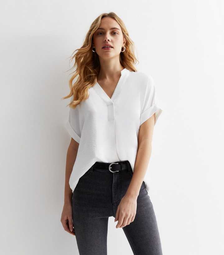 White V Neck Roll Sleeve Top