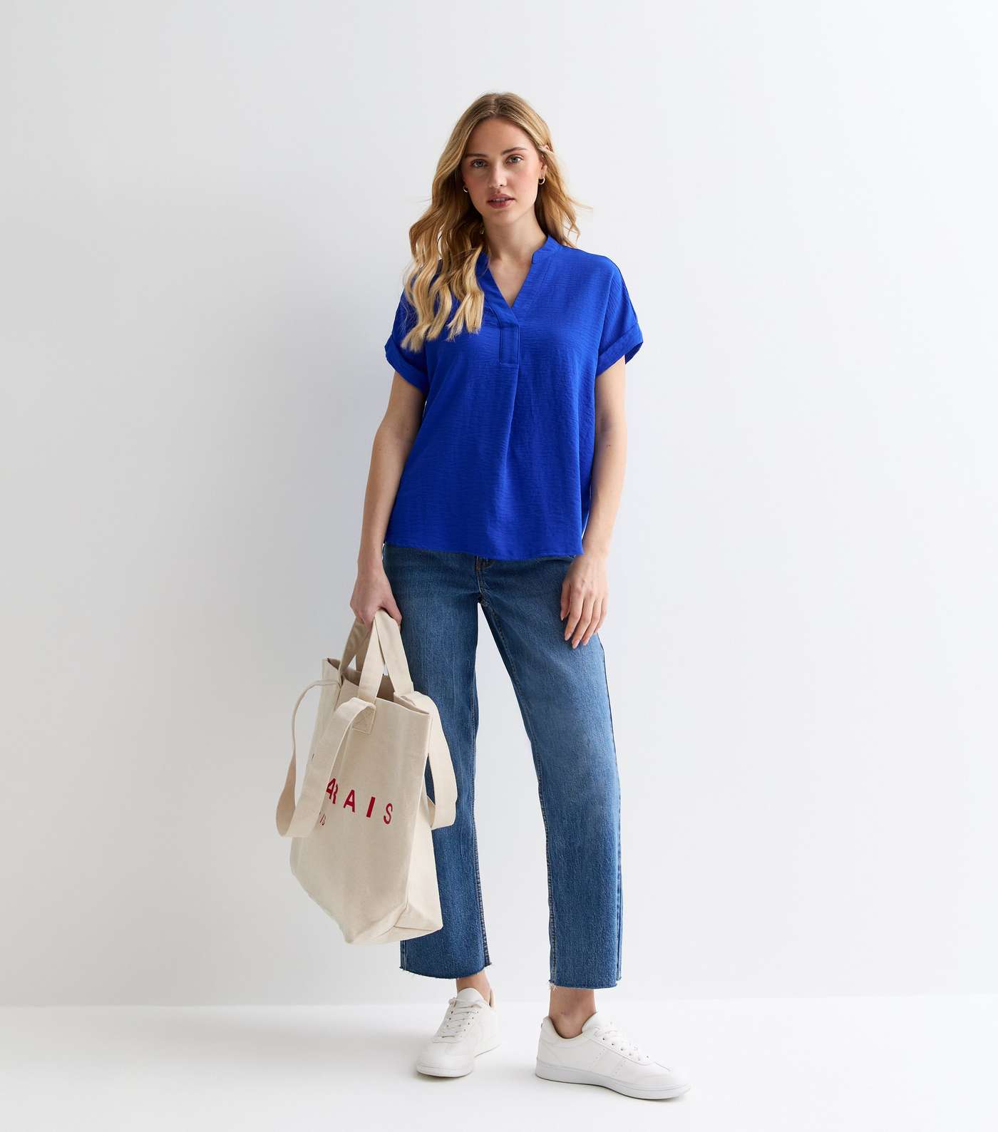 Bright Blue V Neck Roll Sleeve Top Image 3