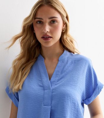 Blue V Neck Roll Sleeve Top New Look