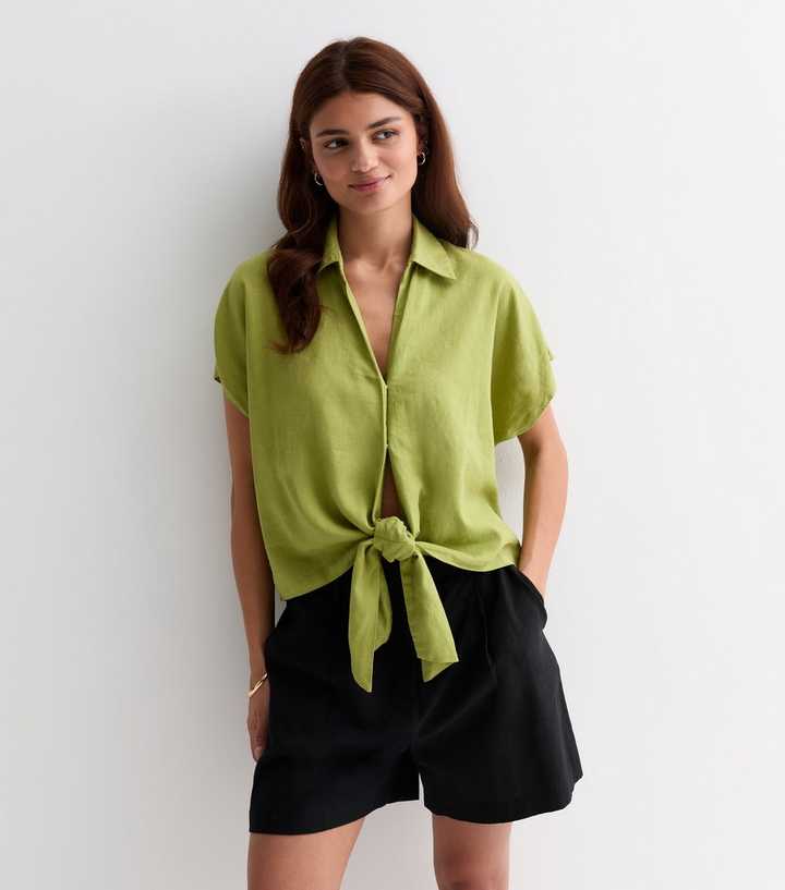 Green Linen Blend Short Sleeve Tie Front Shirt