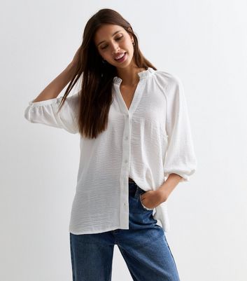 White Crinkle V Neck Puff Sleeve Blouse New Look