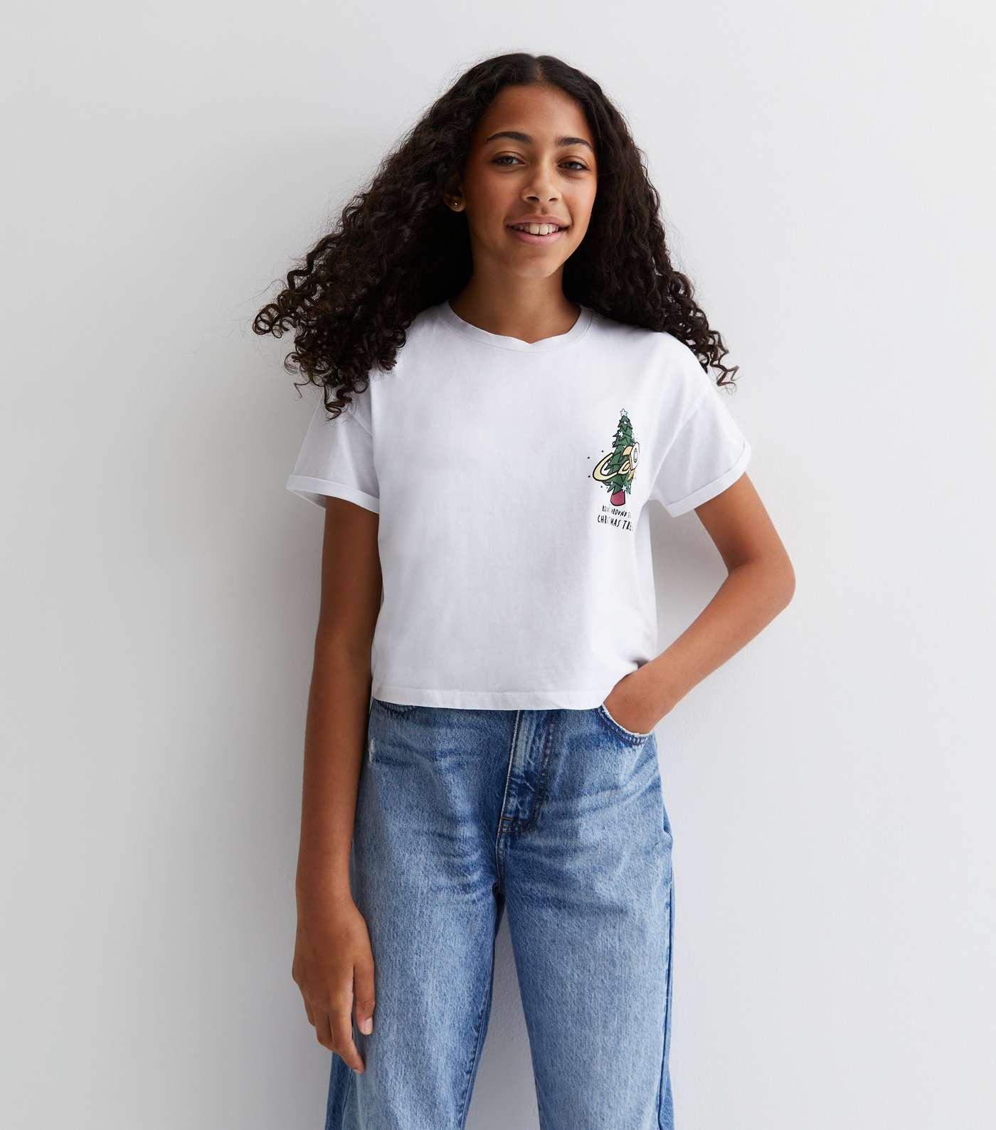 Girls White Cotton Rocket Christmas Tree Logo T-Shirt Image 2