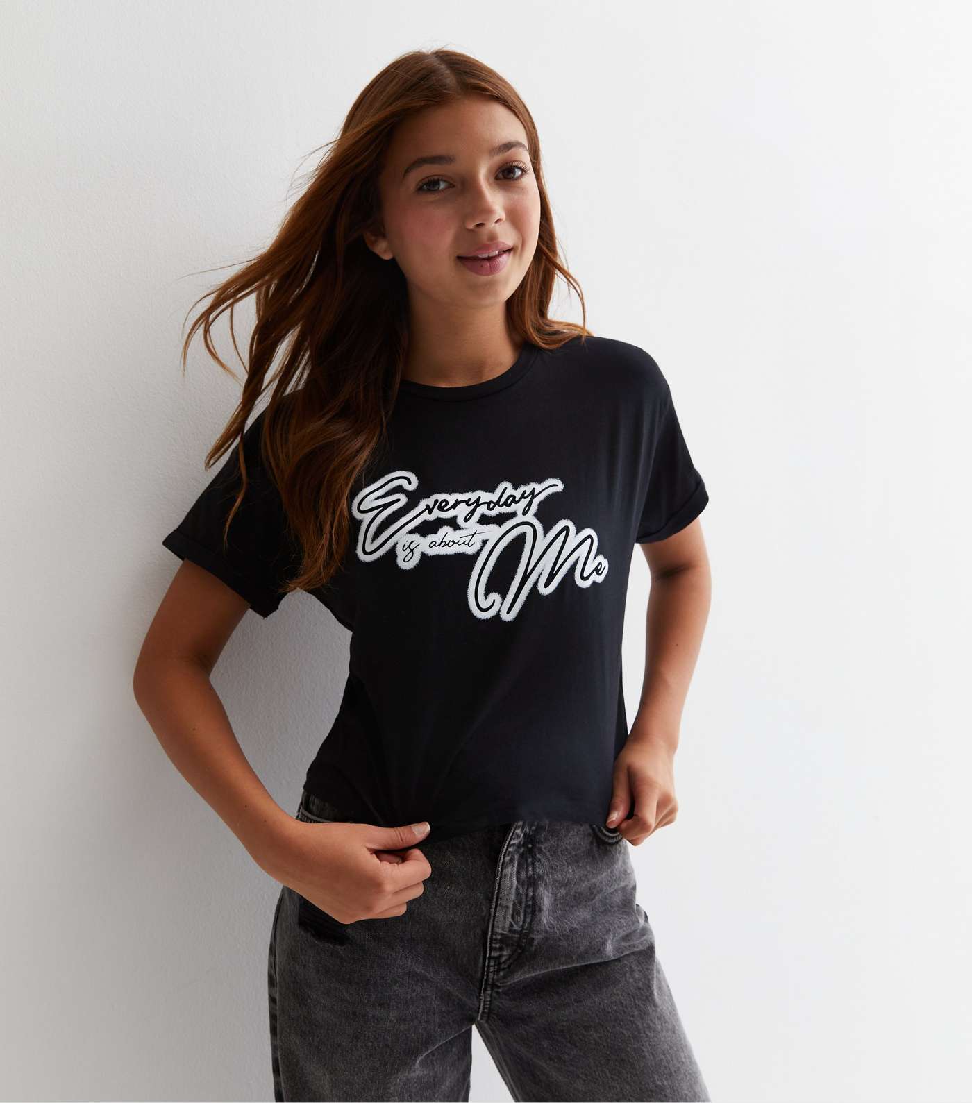 Girls Black Cotton Everyday Is About Me Logo T-Shirt Image 2
