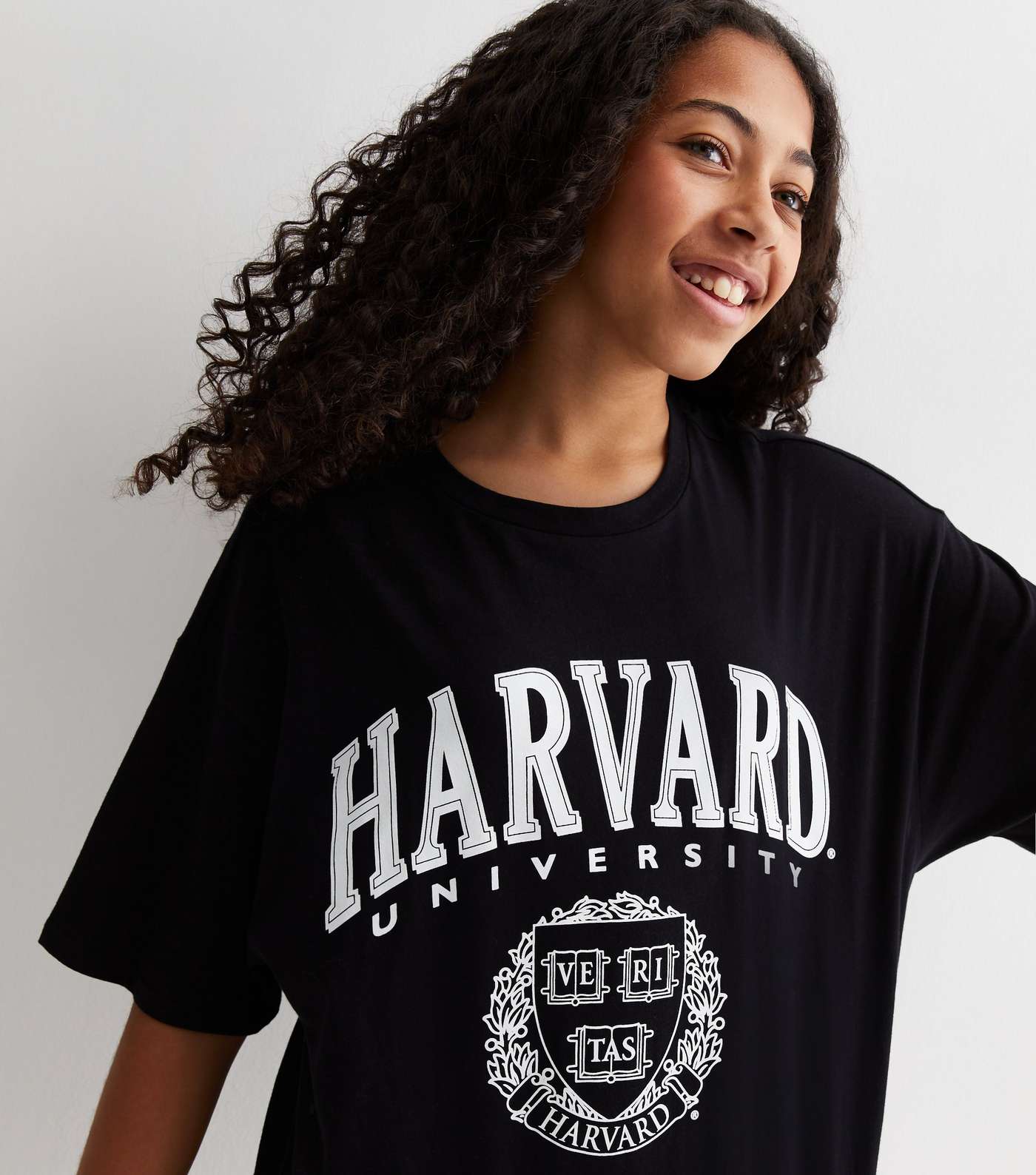 Girls Black Cotton Harvard Logo Oversized T-Shirt Image 2