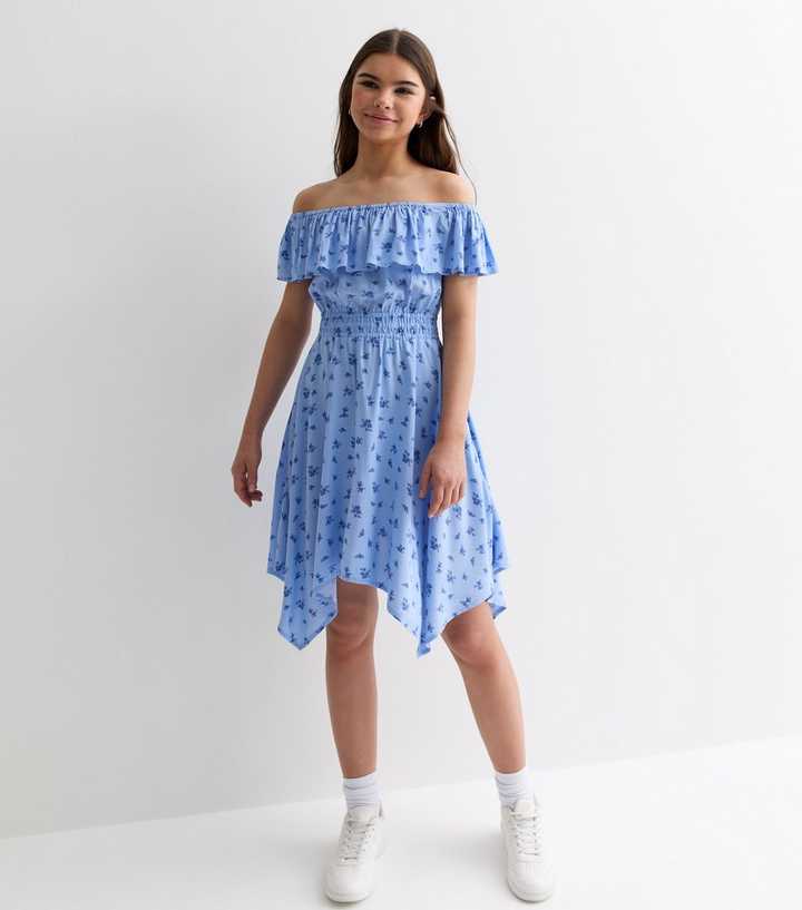 Girls Blue Ditsy Bardot Hanky Hem Mini Dress New Look