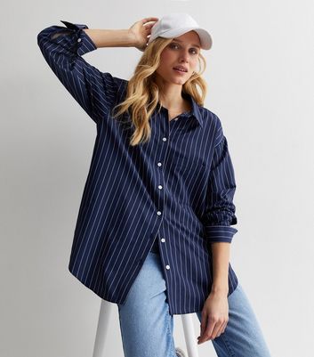 Navy Stripe Poplin Oversized Shirt | New Look