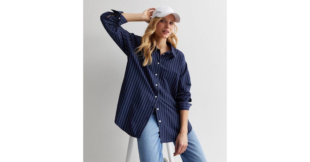 Women Navy Poplin Comfort Oversize Shirt