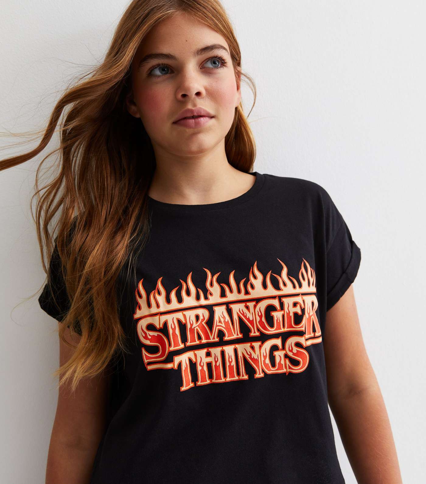 Girls Black Cotton Stranger Things Logo T-Shirt Image 3