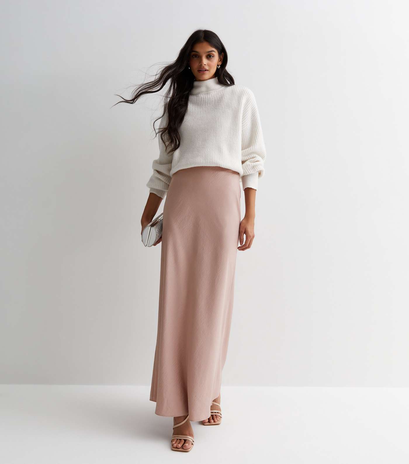 Pale Pink Satin High Waist Maxi Skirt Image 3