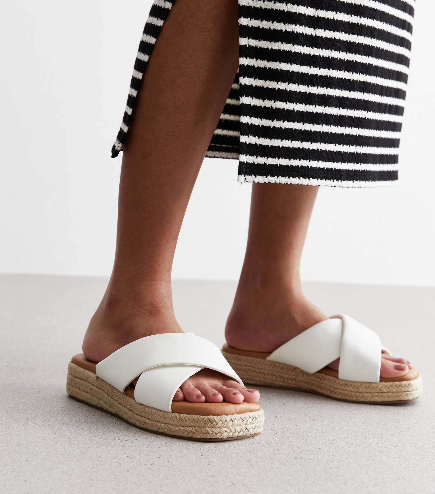 Wide Fit White Leather-Look Espadrille Flatform Sandals Image 2