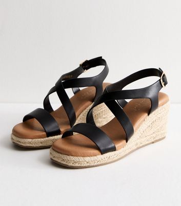 Black Leather Look Espadrille Wedge Heel Sandals New Look