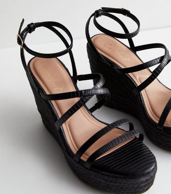 Black Strappy Platform Espadrille Wedge Sandals New Look
