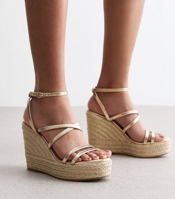 Vacation Gold Strappy Wedge Sandals For Women, Ruched Detail Tie Leg Design  Espadrille Wedge Sandals | SHEIN USA