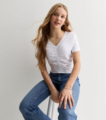 Girls White Modal Short Sleeve Ruched Top New Look