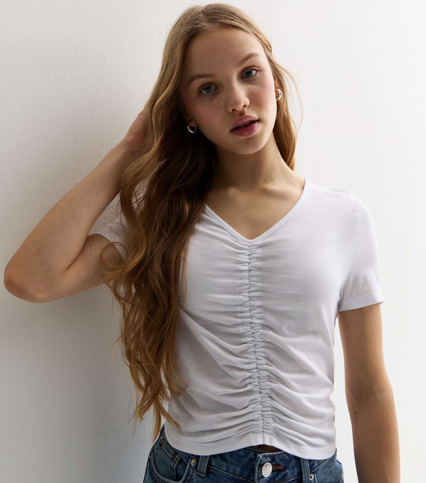 Girls White Modal Short Sleeve Ruched Top Image 2