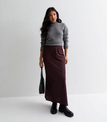 Petite Burgundy Jacquard Satin Bias Cut Maxi Skirt New Look