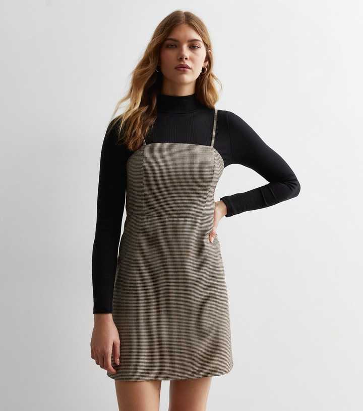Brown Check Square Neck Strappy Pinafore Dress