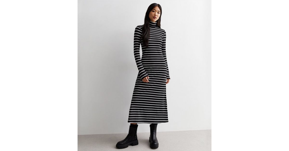 Black Stripe Ribbed Jersey High Neck Midaxi Dress | New Look