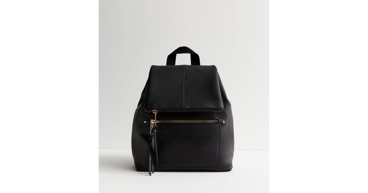 Black LeatherLook Flap Backpack New Look