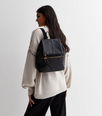 Black LeatherLook Flap Backpack New Look