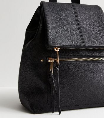Black Leather-Look Flap Backpack New Look