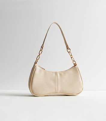 Cream Leather-Look Piped Shoulder Bag