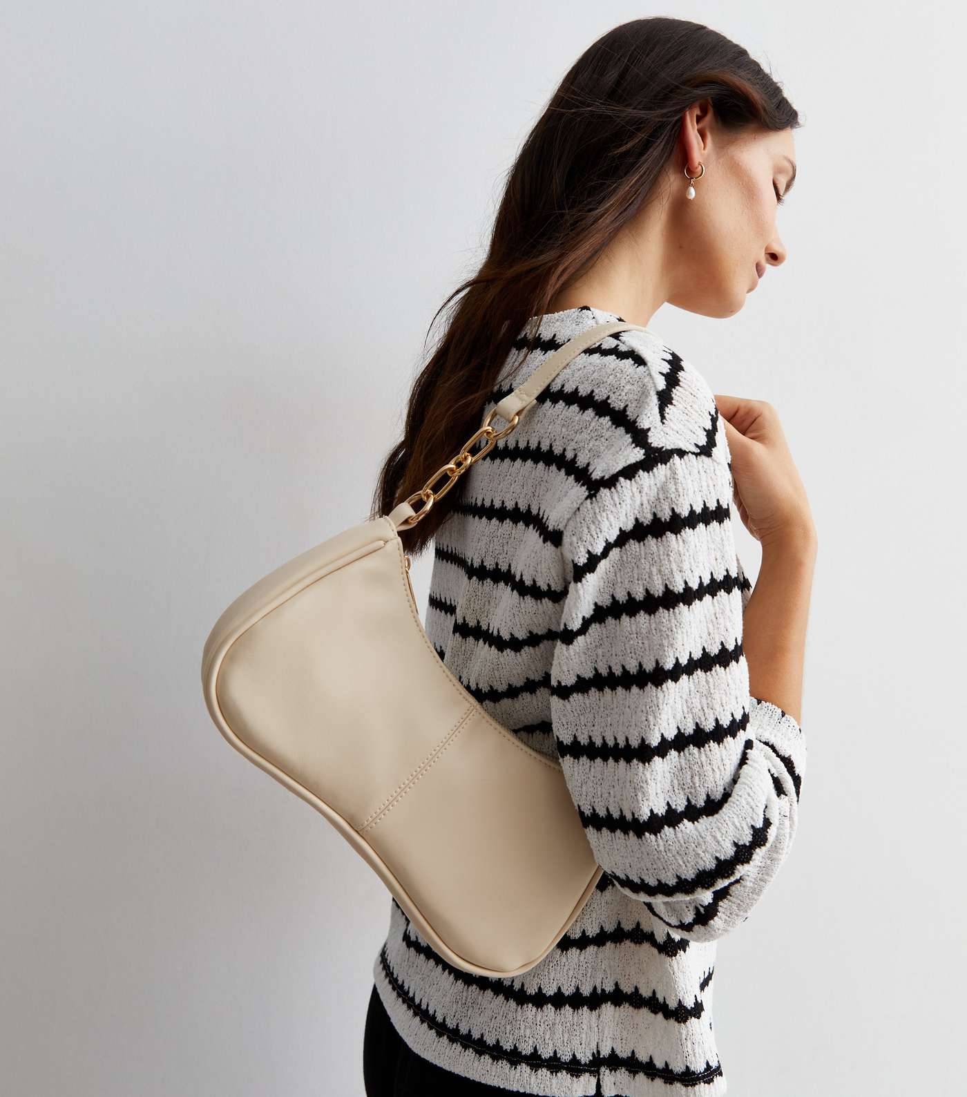 Cream Leather-Look Piped Shoulder Bag Image 2