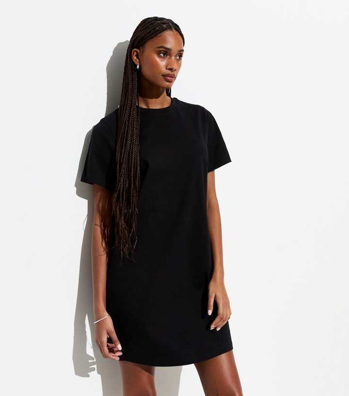 asos black t shirt dress ASOS DESIGN t-shirt mini dress with lace sleeves in black main image 0