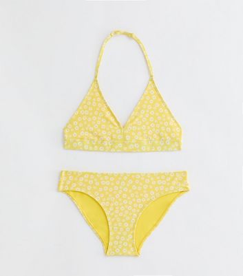 Girls Yellow Floral Triangle Bikini Set New Look