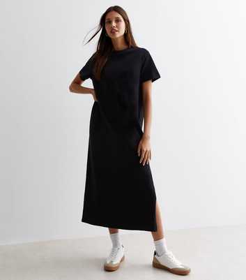 Black Cotton Split Hem Midi T-Shirt Dress